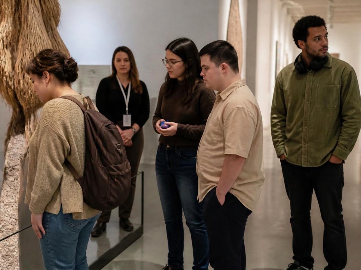 A small group walking through a museum gallery