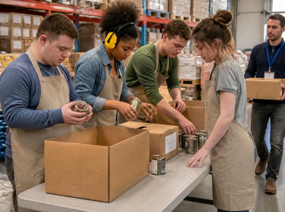 Volunteers sorting donated goods into boxes at a community pantry