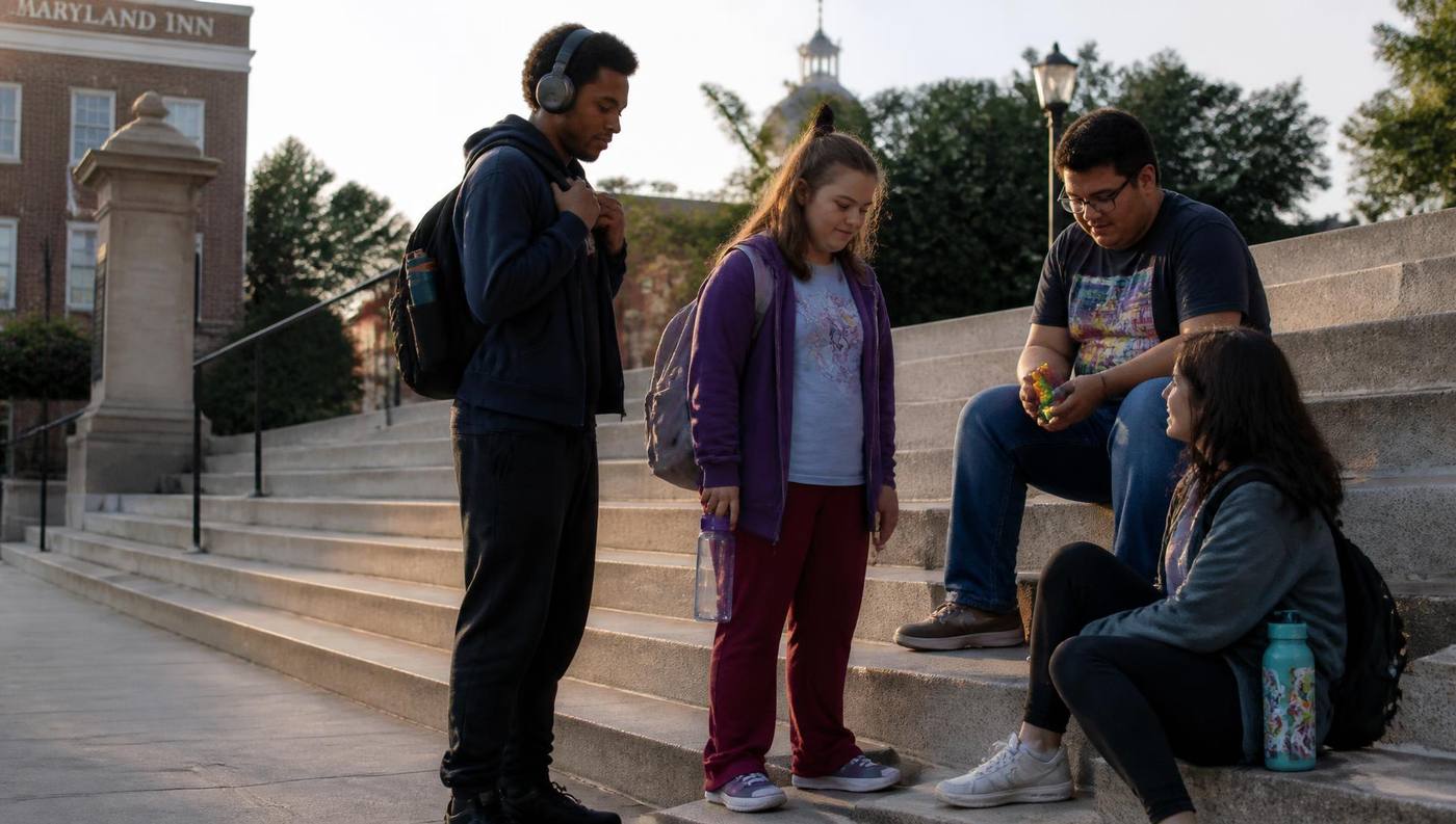 Four young adults spending time together on the steps of a Maryland town square in late afternoon light