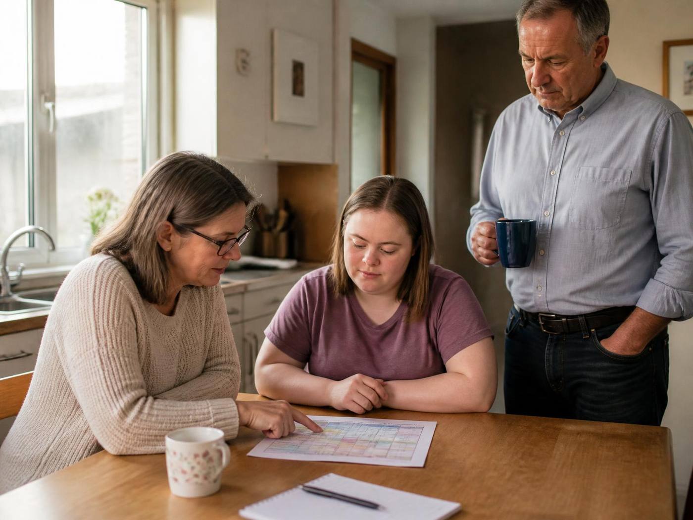 Parents reviewing a weekly schedule at the kitchen table with their adult daughter