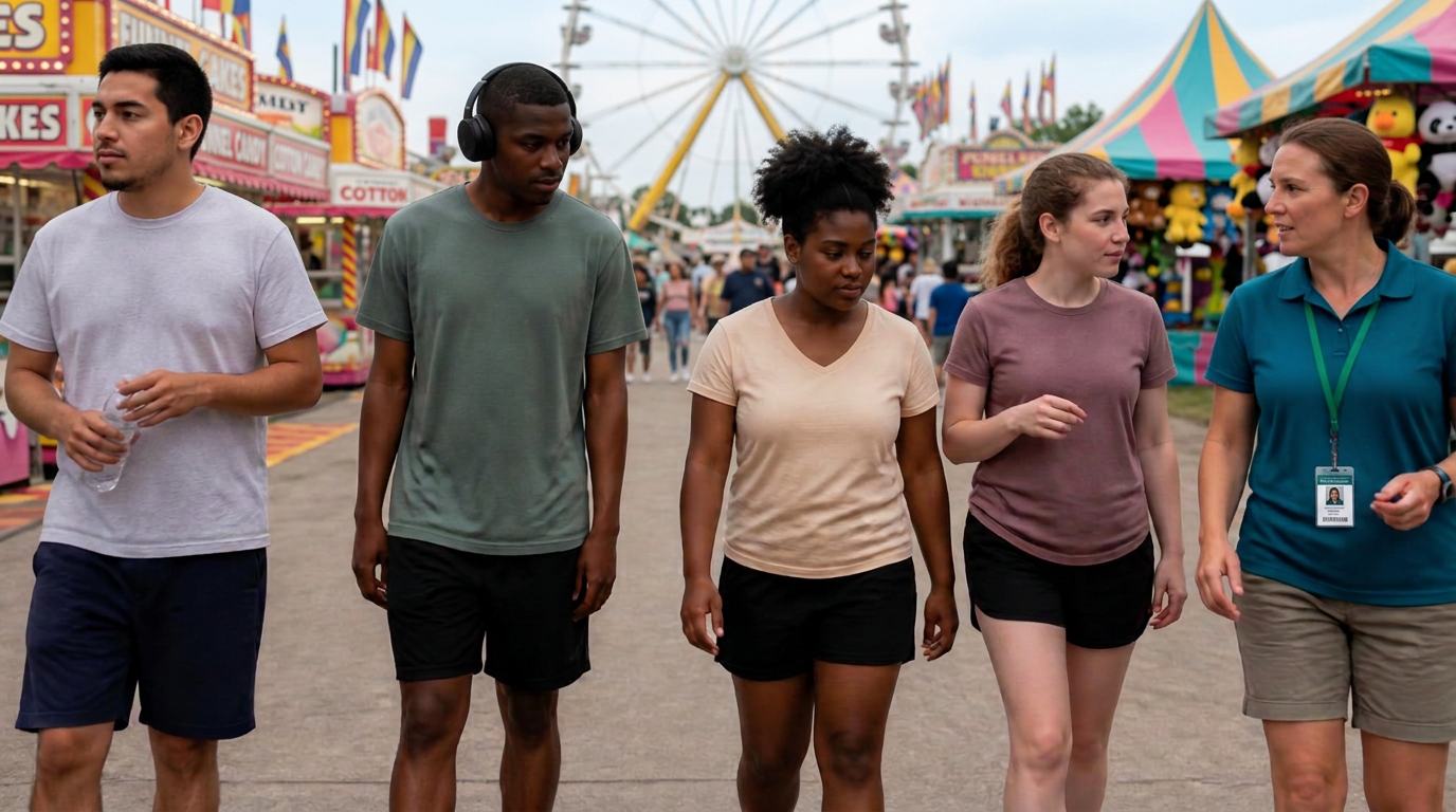 Four young adults walking through the Maryland State Fair with a staff member on a summer afternoon