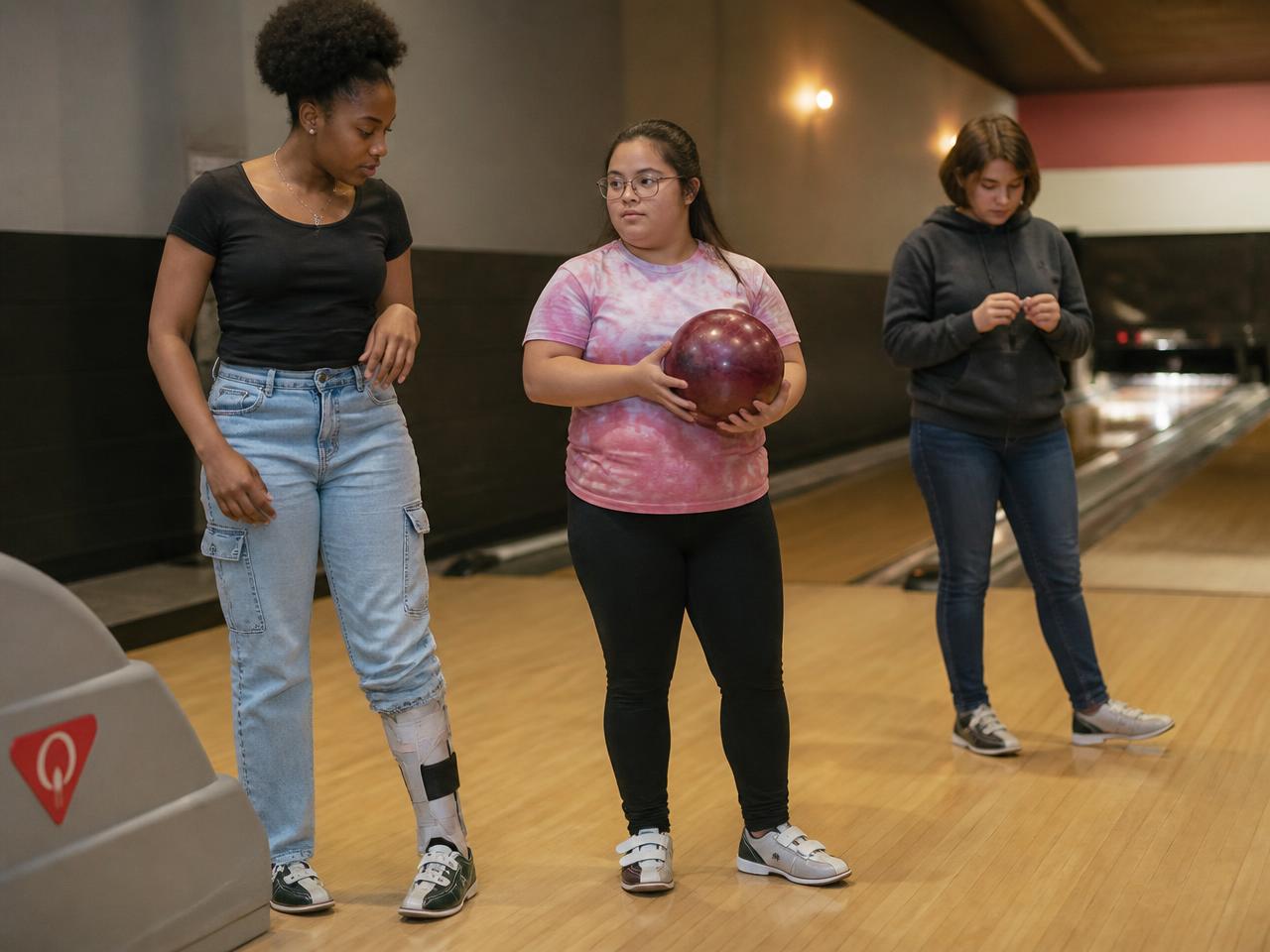 Three young women bowling together on an afternoon out