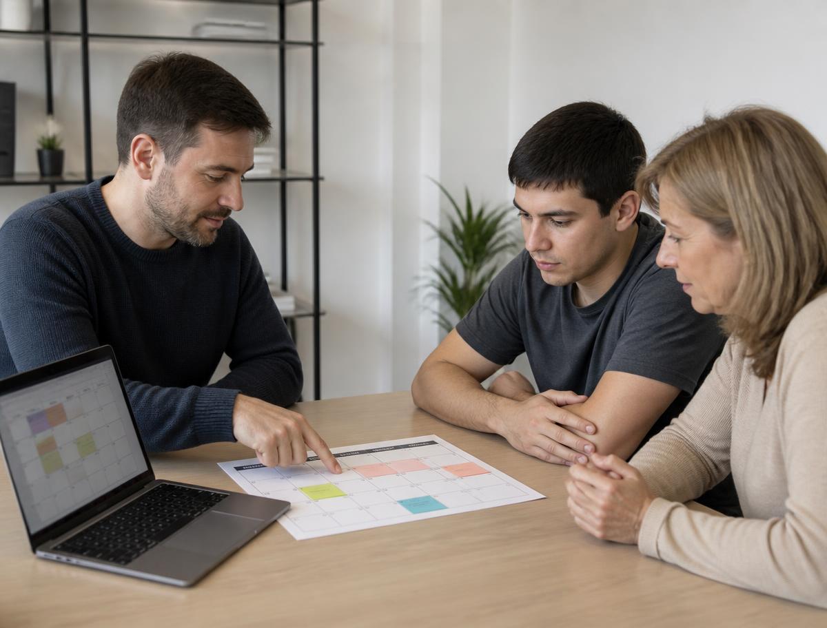 A DayVentures coordinator planning a weekly schedule with a young adult participant and his mother