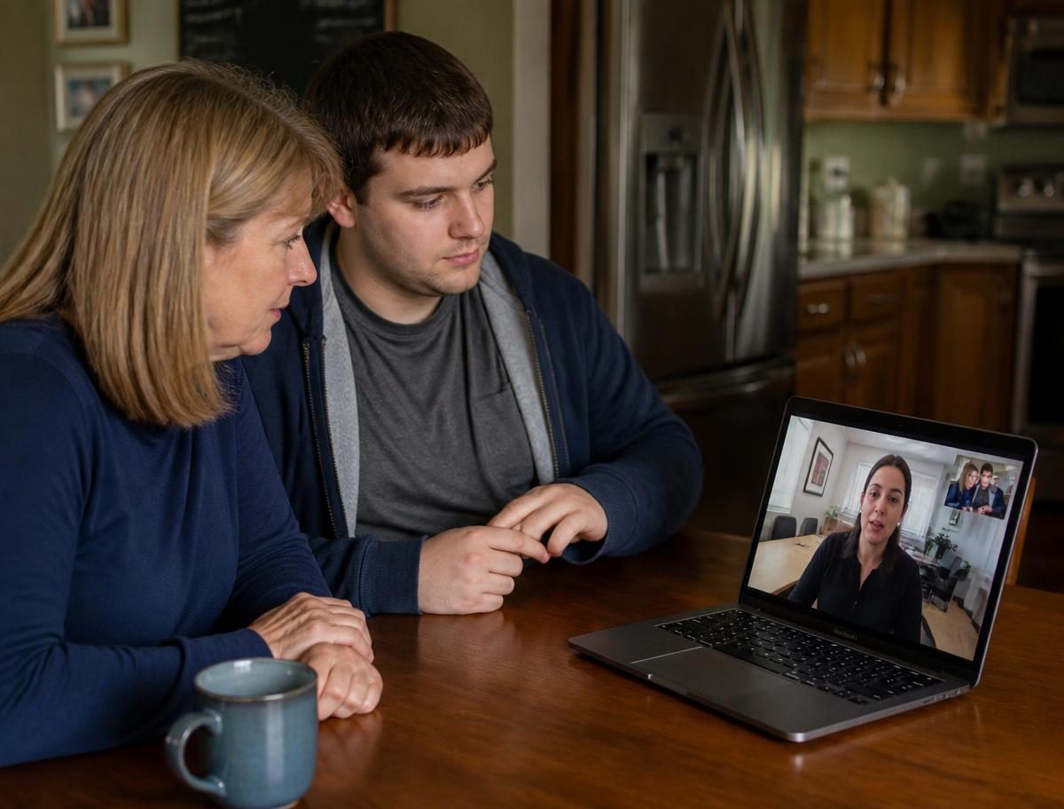A mother and her adult son on a video call with the DayVentures team at their kitchen table