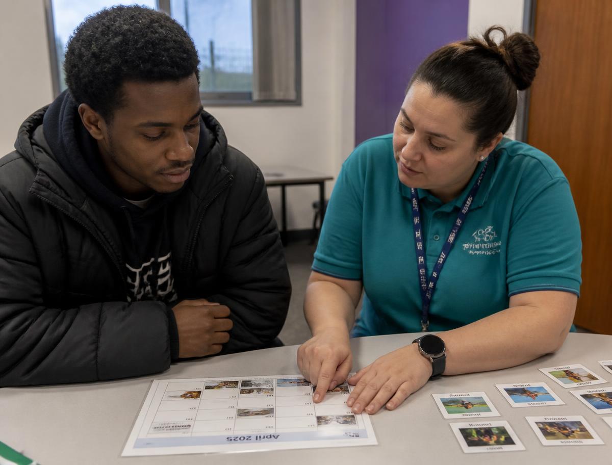 Two adults reviewing options together at a community table